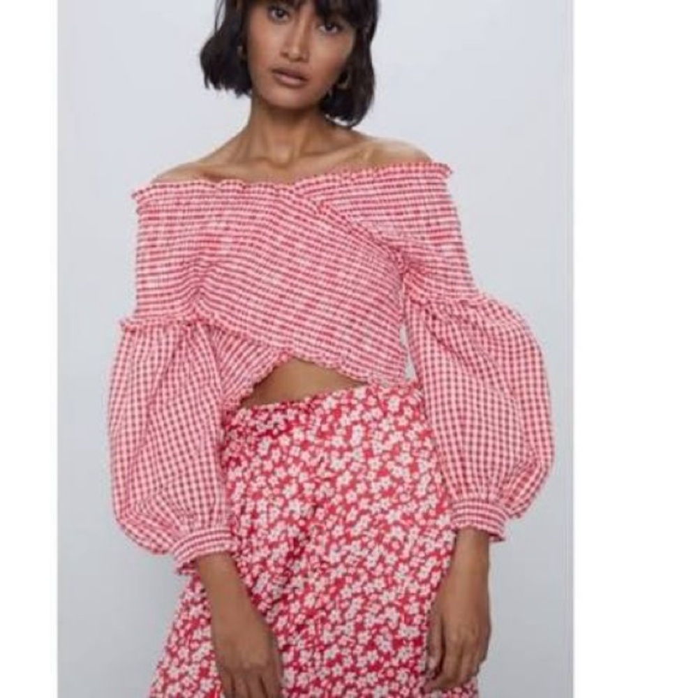 Zara Vichy Red Gingham Smocked Off the Shoulder Criss Cross Crop Top